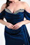 Women's Navy Blue Slim Fit Boat Neck Slit Long Plus Size Satin Evening Dress - 4