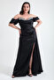 Women's Black Tight Fit Boat Neck Slit Long Plus Size Satin Evening Dress - 2