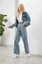 By-7223 Snow Wash Blue Lycra Belted Drawstring Loose Wide Leg Jean Stone High Waist Trousers - 3