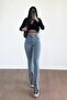 Ns-69159 High Waist Slit Acid Snow Wash Ice Blue Front Jeans Stretch Fabric Denim