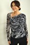 Women's Asymmetrical Collar Gathered Waist Snake Pattern Tulle Blouse - 3