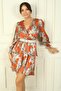 Women's V-Neck Gathered Waist Long Sleeve Dress - 3