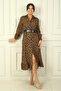 Women's Shirt Collar Long Sleeve Buttoned Front Leopard Print Dress with Belt - 3