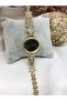 Stylish Gold Women's Wristwatch with Round Green Stones Inside - 2