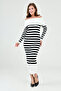 Women's Pencil Pattern Madonna Collar Long Sleeve Line Patterned Midi Length White Knitwear Dress 1160 - 7