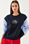 Women's Navy Blue Crew Neck Shirt with Sleeve Garnish, 3 Thread Embroidered Sweatshirt 60351001 - 2