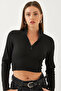 Women's Black Turtleneck Half-Zip Ribbed Crop Blouse 60351019 - 6