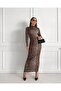 Women's Leopard Stand Collar Long Sleeve Maxi Length Dress - 3