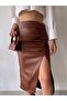 Midi Length Suede Leather Skirt with Drawstring Detail and Slits - 2