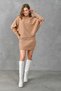 Women's Hand-Interlocking Sleeve Design Turtleneck Sweater and High Waist Skirt Camel Bottom Top Knitwear Set 075