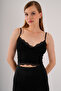 Women's Black Crop Strap Lace Bustier Blouse with Removable Pads - 7