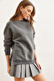 Women's Anthracite Thick Sweatshirt with Side Zipper Detail and Fleece Inside Swt- 19000624