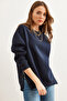Women's Navy Blue Thick Sweatshirt with Side Zipper Detail and Fleece Inside Swt- 19000624