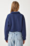 Women's Navy Blue Polo Collar Raised Crop Knitted Sweatshirt Hw00014 - 5