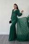 Chiffon Fabric Bead Embroidered Evening Dress with Shawl Detail - Emeral Green - 2