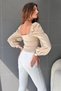 Women's Long Sleeve Heart Collar Blouse with Gathered Detail on the Front in Beige - 5
