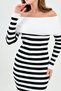 Women's Stretchy Knitwear Fabric Long Sleeve Madonna Collar Midi Length Striped White Knitwear Dress 1160 - 4