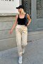 Beige High Waist Women's Sweatpants with Elastic Waistband Inside - 3
