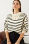 Women's Cream Black Striped Zippered Knitwear Sweater 20234282 - 5