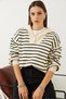 Women's Cream Black Striped Zippered Knitwear Sweater 20234282 - 4