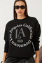 Women's Black La Printed Three Thread Ribbed Sweatshirt 40981006 - 2