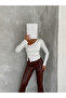 Women's White Asymmetrical Collar Asymmetrical Cut Gathered Diver Fabric Blouse - 5