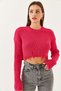 Women's Fuchsia Crew Neck Ripped Detailed Crop Knit Sweater 85001025 - 7