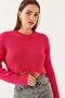 Women's Fuchsia Crew Neck Ripped Detailed Crop Knit Sweater 85001025 - 4