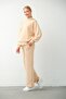 Maternity Stretchy Belly Band Adjustable Waist Wide Leg Hooded 3 Thread Tracksuit Set Beige