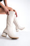 Women's Below the Knee Cream Heeled Shiny Detailed Zippered Leather Look Long Boots