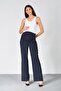Pregnant Flexible Abdominal Banded Waist Adjustable Wide Leg Gabardine Trousers Navy Blue