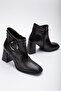 Black Women's Thick Heeled Boots with Skin Metal Belt