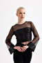 Sleeveless and Front-Back Bottom Sequined Sleeves and Front-Back Top Tulle Long-Sleeved Evening Dress Blouse |   Blz35741 Black - 3