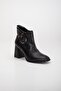 Black Women's Thick Heeled Boots with Skin Metal Belt - 4