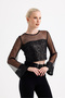 Sleeveless and Front-Back Bottom Sequined Sleeves and Front-Back Top Tulle Long-Sleeved Evening Dress Blouse |   Blz35741 Black - 6