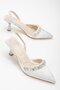 Satin Stone Symmetrical Cut Black Silver Heeled Women's Evening Dress Shoes