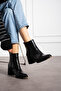 Black Crocodile Zipper Detailed Comfortable Women's Heeled Boots