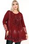 Round Neck Flocked Rose Printed Blouse in Comfortable Fit with Lace Sleeve Cuffs and Hem, Asymmetric Long Sleeve, Plus Size - 6