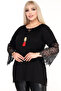 Tassel and Bead Lace Detail Round Boat Neck Long Flounce Ruched Sleeve Flowy Plus Size Blouse