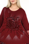 Round Neck Flocked Rose Printed Blouse in Comfortable Fit with Lace Sleeve Cuffs and Hem, Asymmetric Long Sleeve, Plus Size - 7
