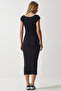 Crew Neck Ribbed Knitted Modal Dress Black Lub0049 - 5