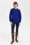 Women's Stand Collar Seamless Front Hair Braided Wool Cardigan Dark Blue - 3