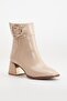 Women's Heeled Boots Beige Classic Patent Leather Buckle Vardola Sole - 5
