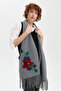 Women's Knitted Floral Embroidered Tasseled Kaşkol Smoked - 4