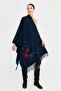 Women's Knitted Floral Embroidered Tassel Shawl Navy Blue - 3