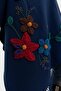 Women's Knitted Floral Embroidered Tassel Shawl Navy Blue - 4