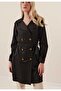 Women's Black Double Breasted Collar Belted Button Detailed Premium Long Trench Coat