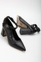 Faux Leather Black Women's Chunky Heel Shoes Stiletto with Ankle Elastic Band