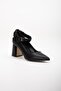 Faux Leather Black Women's Chunky Heel Shoes Stiletto with Ankle Elastic Band - 4