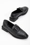 Crocodile Printed Leather Buckle Black Women's Casual Shoes - 2